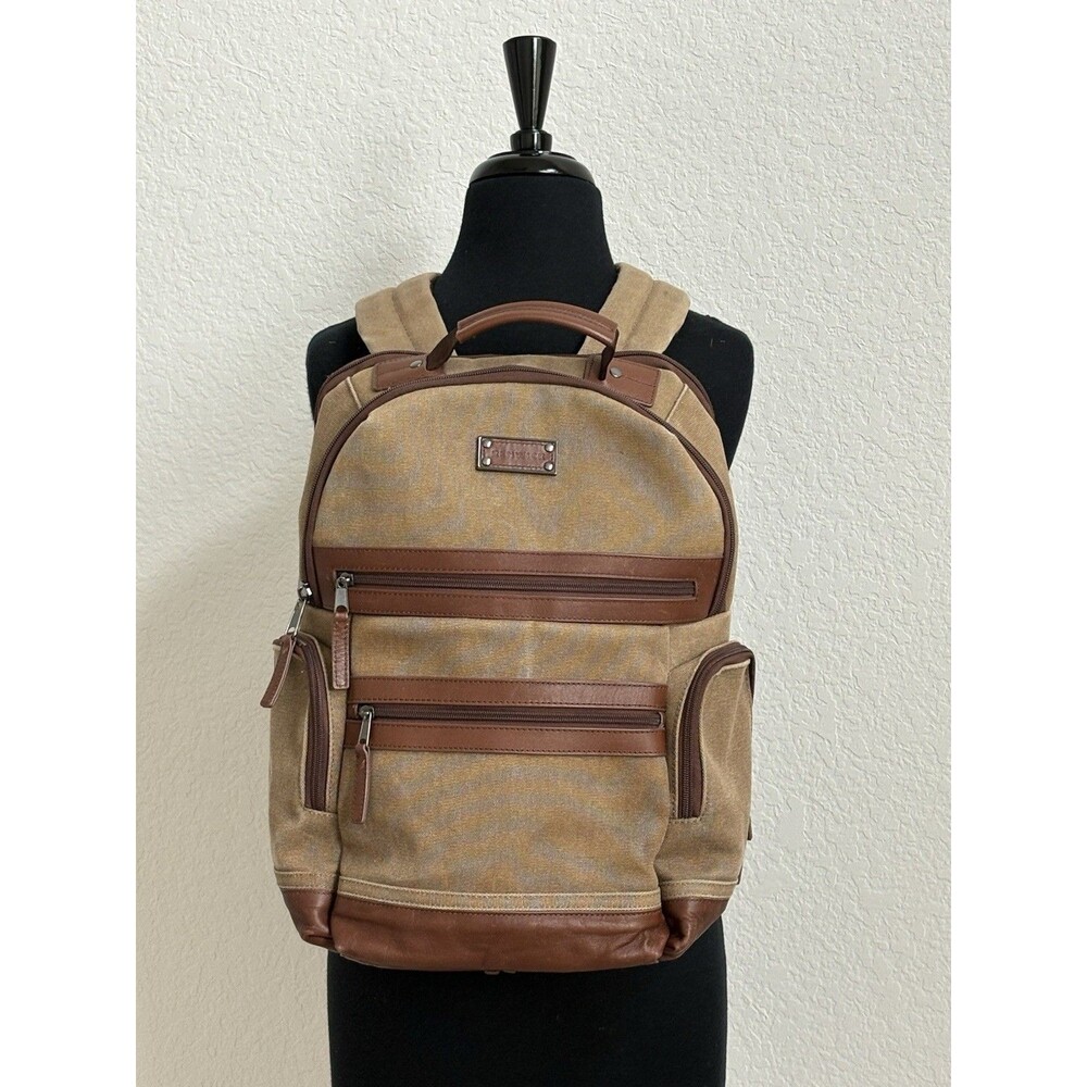 Renwick VTG Canvas Backpack Genuine Brown Leather Trim Multiple Pockets Utility